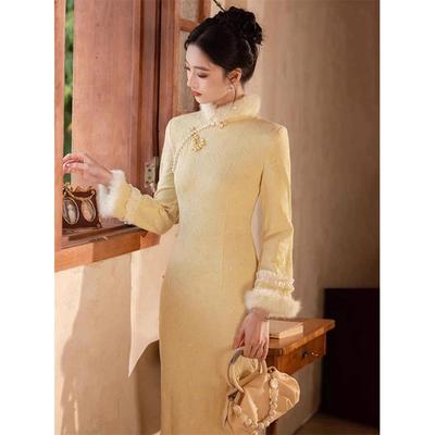 长袖中式改良旗袍少女2025新款冬季年轻气质高端复古提花连衣裙