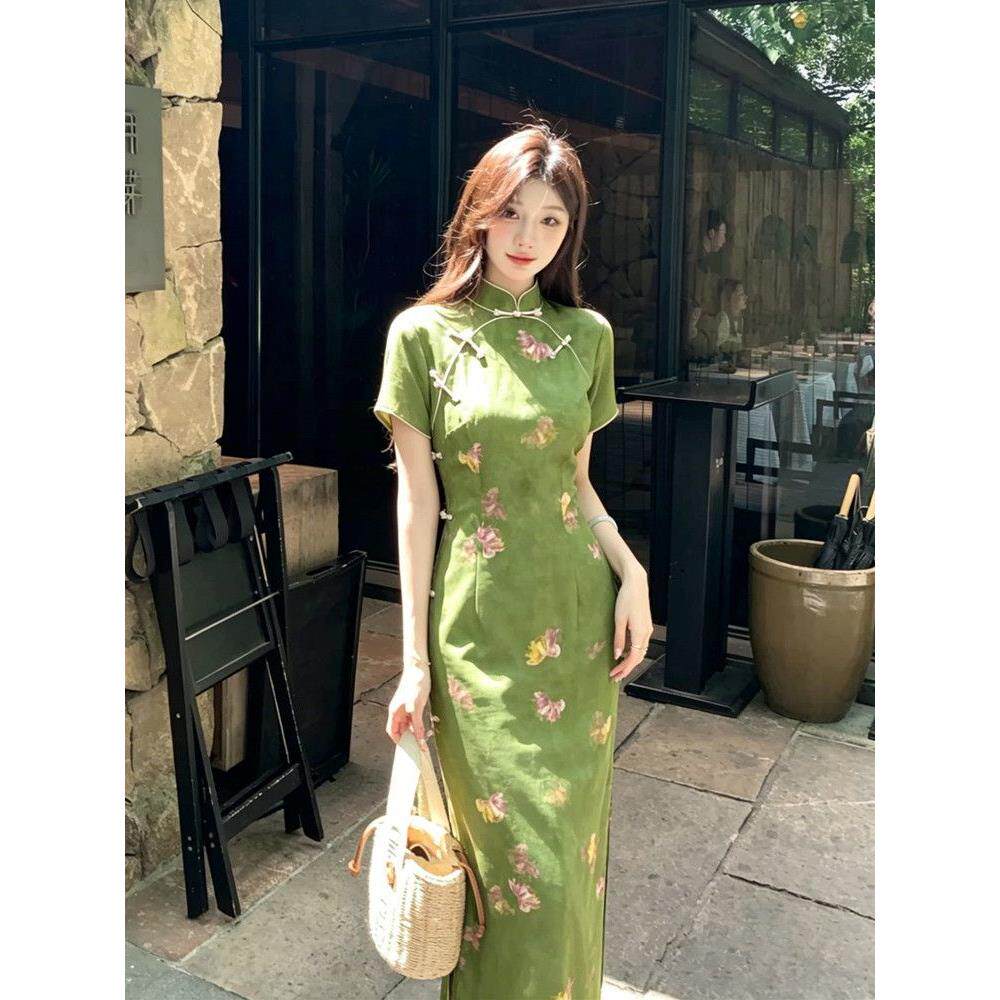 裙清新歇中式日常碎花收腰草木长款绿气质礼服新民国旗袍短袖茶风