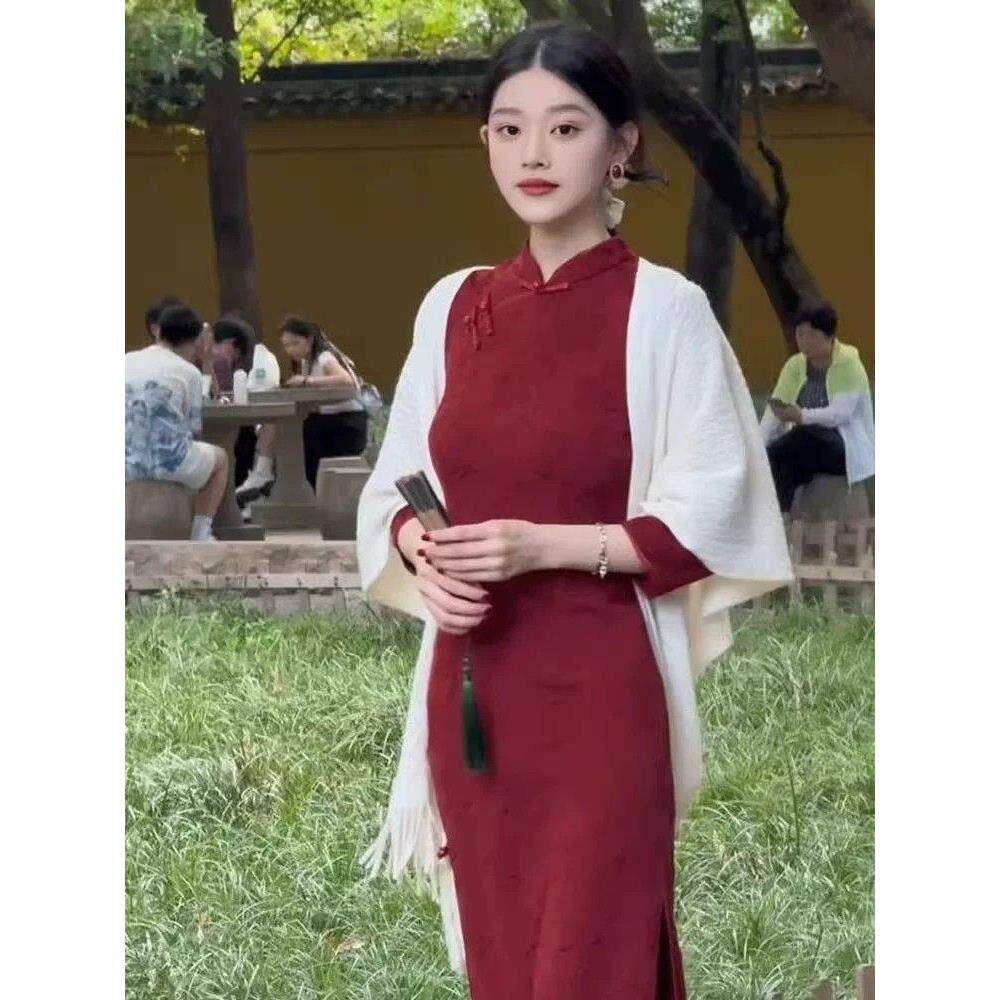 中式结婚红色服提花款袖长开叉新复古旗袍显瘦侧敬酒连衣裙七分