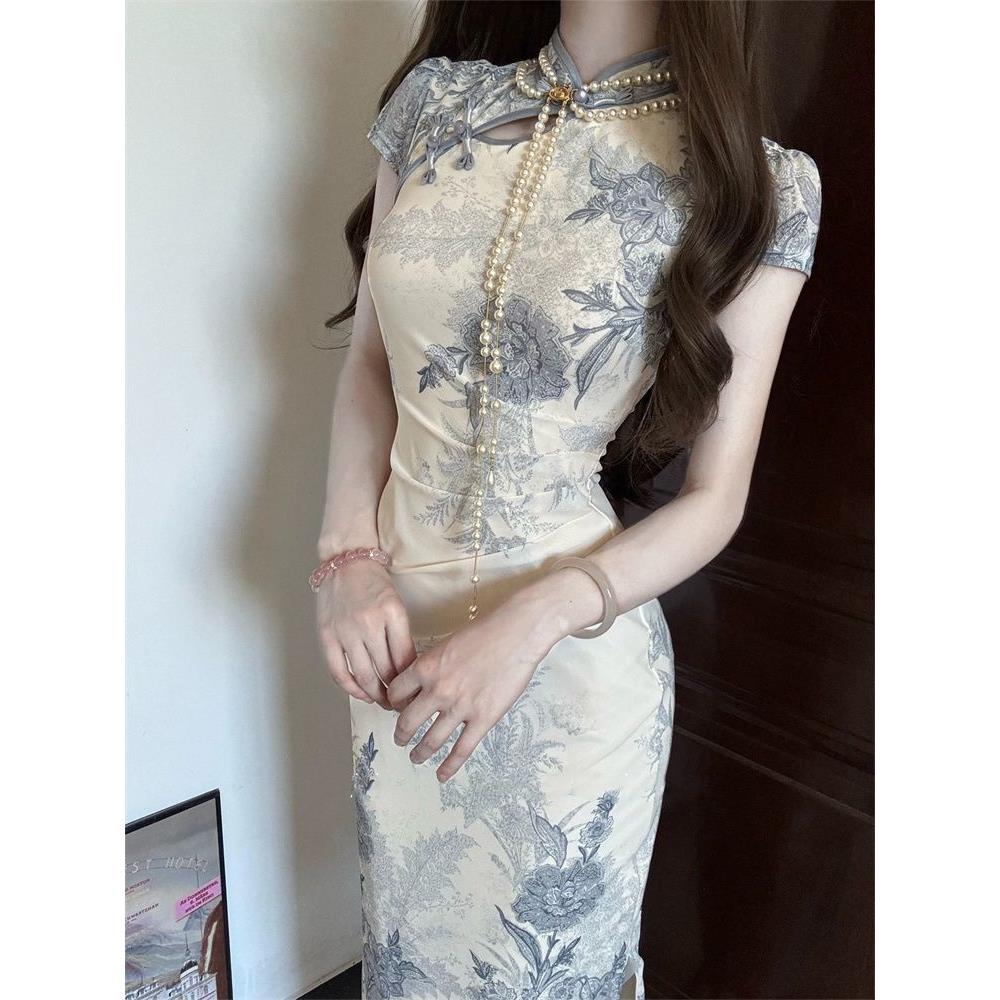 修身聚会改良旗袍显瘦短袖晚会高端风礼服名媛青花瓷中长款连衣裙