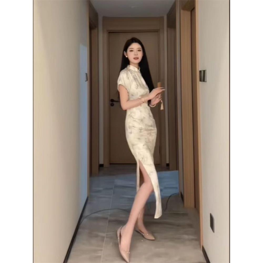 女风夏季印花水墨显瘦旗袍裙改良短款温柔裙子新款淑女气质国风