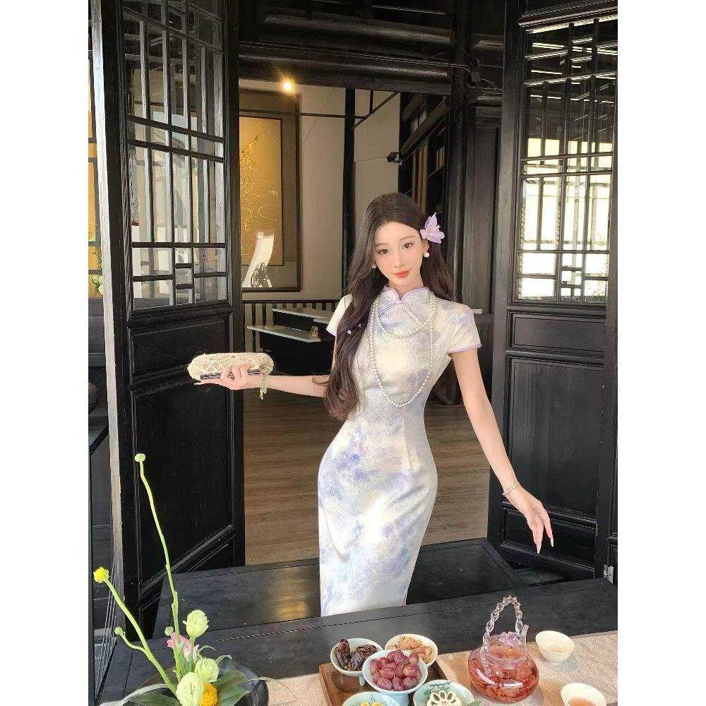 气质夏季中式立领修身旗袍一字长裙新款中扣复古新紫花国风晕染