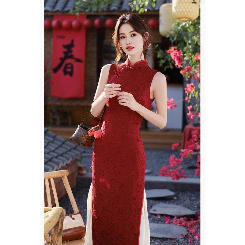 旗袍礼服无袖连衣裙红色中式订婚敬酒性感气质新轻奢改良旗袍裙