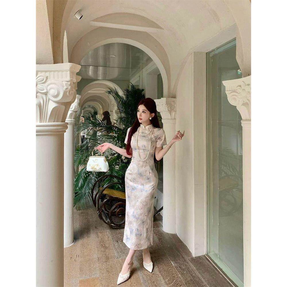 立领温柔新风中式旗袍水墨国风江南女盘扣印花淑女气质连衣裙短款