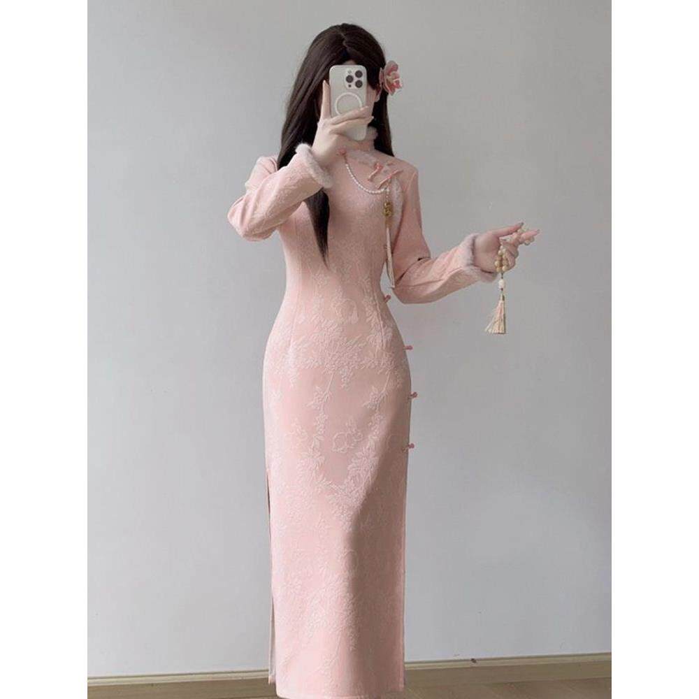 连衣裙绒服国风中式加厚中旗袍冬季订婚婴儿加绒长新娘改良敬酒
