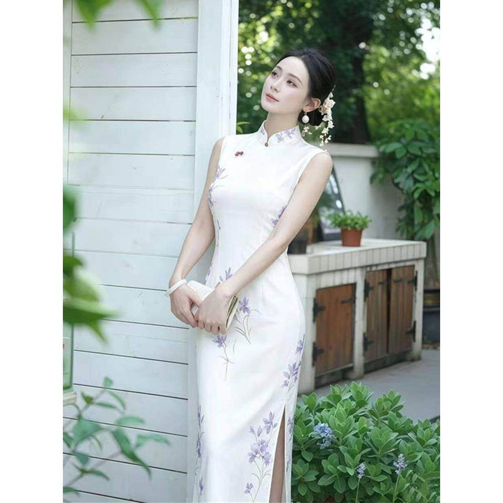 裙少女开叉拍照旗袍改良版中式新收腰温柔无袖立领印花出游兰花风