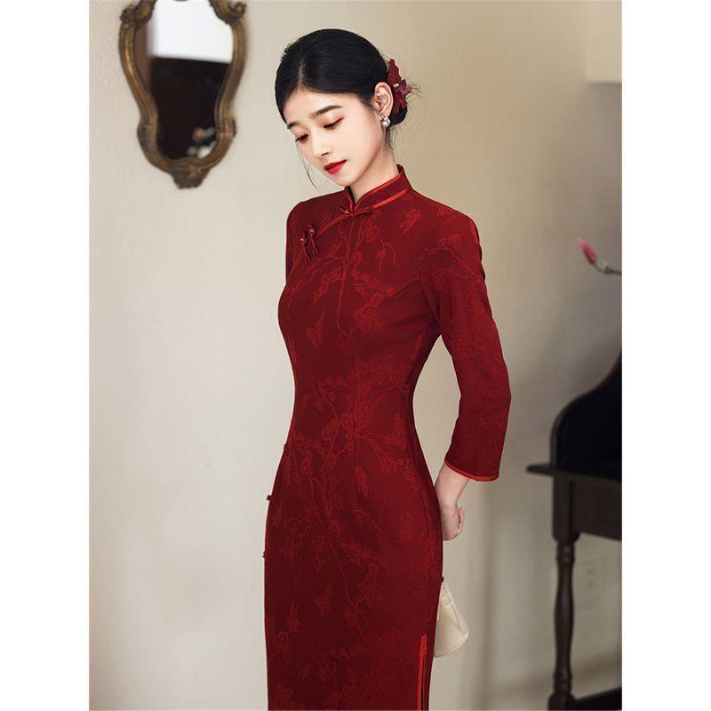 国风女收新款新长款修身秋季腰长袖红色中式日常复古秋冬2026旗袍