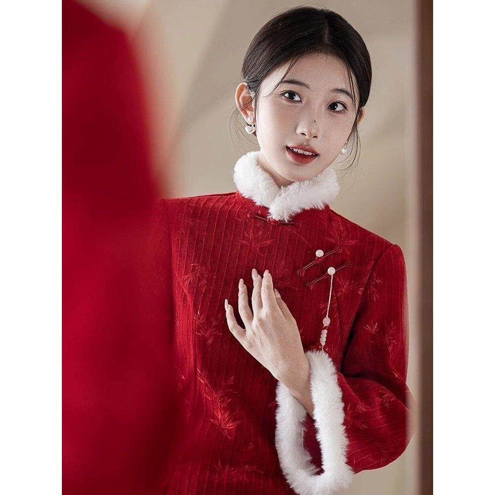 新娘加绒厚款敬酒加绒秋冬旗袍红色新款雪尼尔改良长袖中式年轻