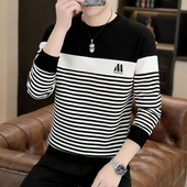 条纹拼接刺绣休闲百搭宽松打底体恤衫 新款 上衣 圆领卫衣男长袖 秋季