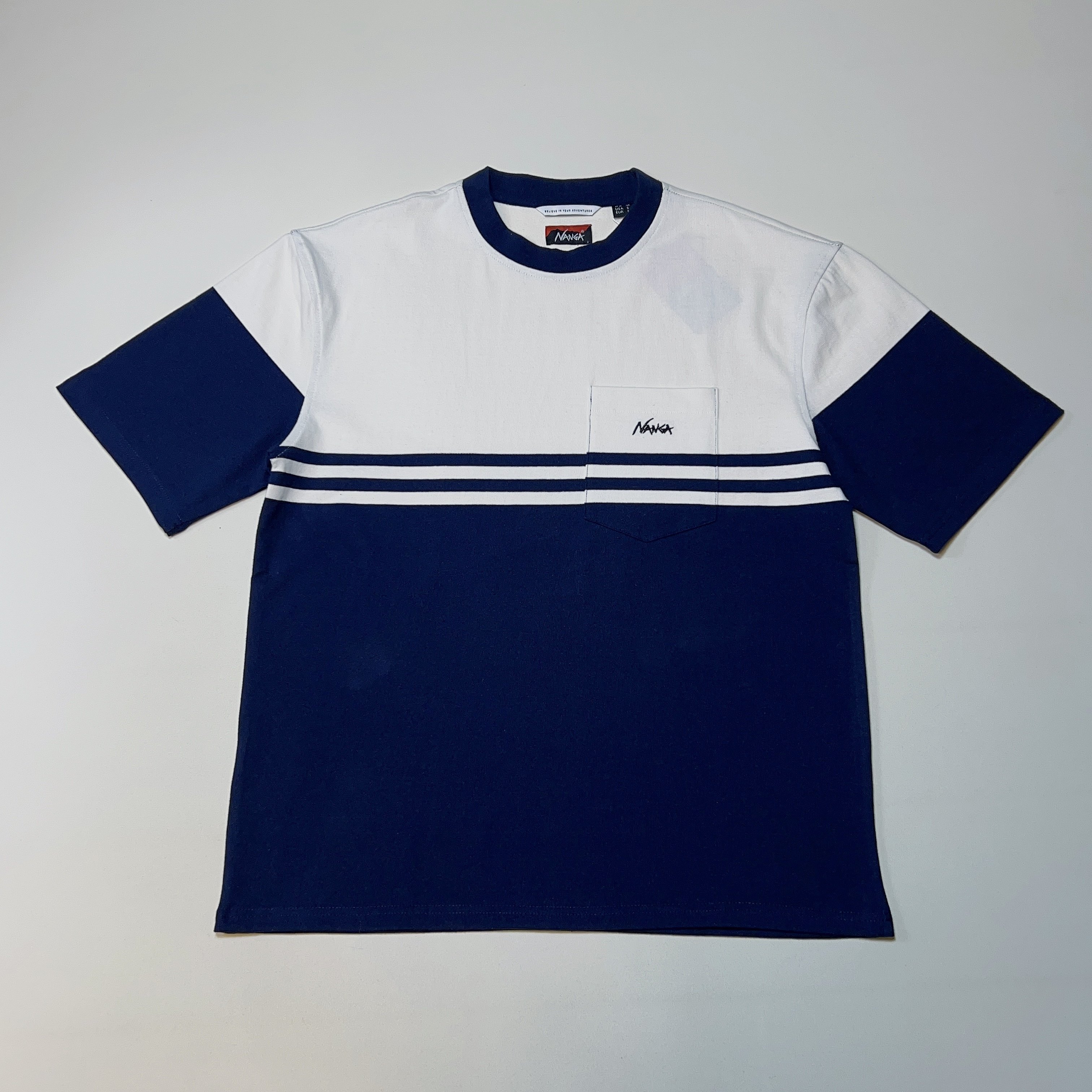 山系户外nanga男款复古拼色条纹宽松款圆领短袖t恤 口袋tee