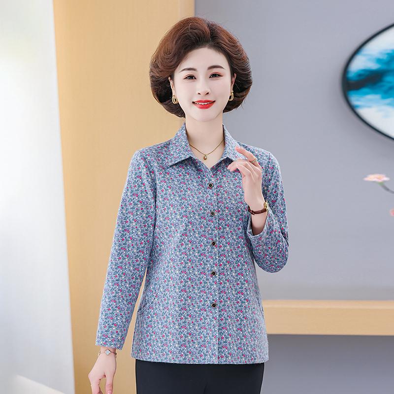 中老年人春装纯棉衬衫女奶奶碎花妈妈装长袖老人磨毛衬衫早春衣服