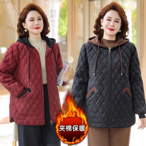 中老年女秋冬连帽加绒加厚棉服