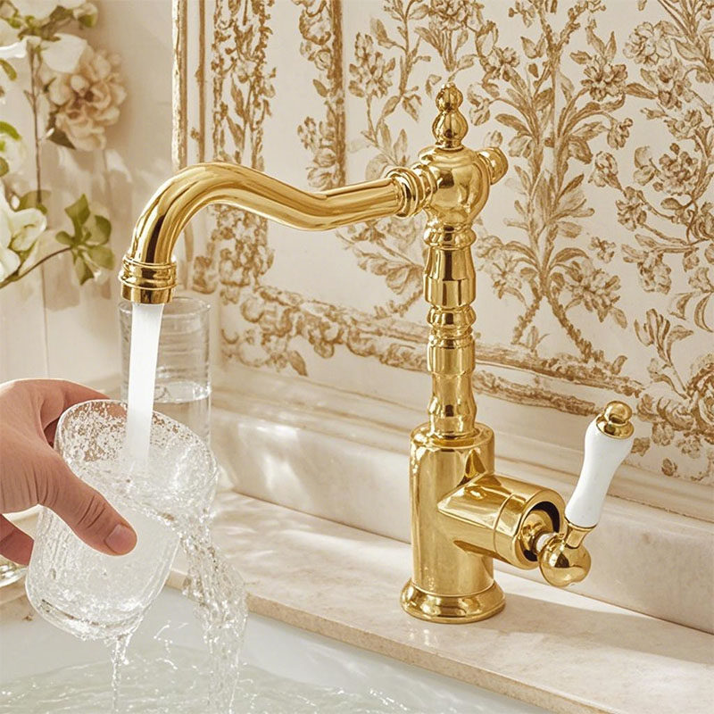 法式复古水龙头全铜面盆洗手盆龙头古典浴室金色陶瓷把手冷热水头