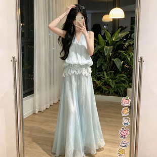 新中式绿色吊带连衣裙子女2026新款夏日绝美巨好看白月光气质长裙