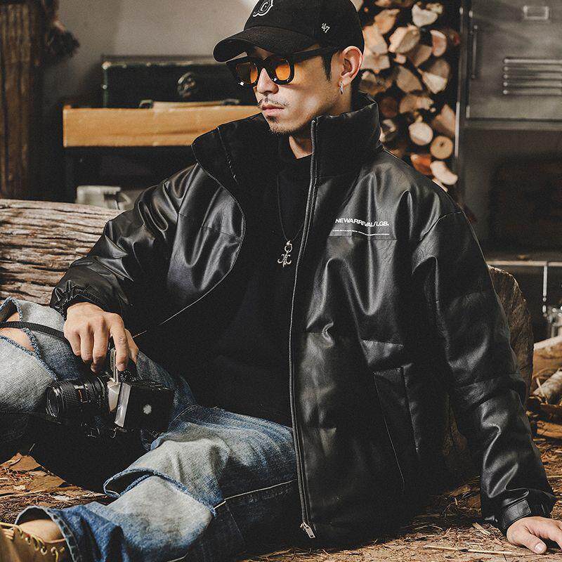 保暖面包服外套男冬季2024年新款时尚加厚PU皮立领白鸭绒羽绒服男