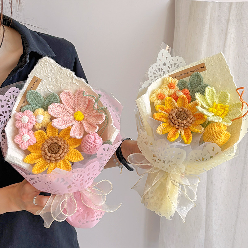 毛线针织小花束向日葵毕业花束仿真花幼儿园手工编织生日礼物成品