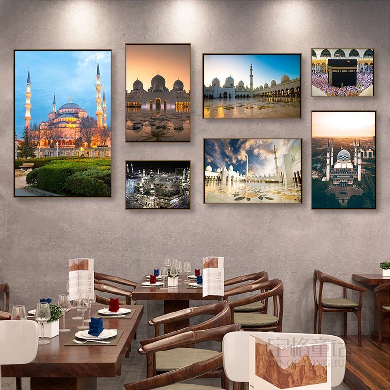 伊斯兰建筑装饰画回族餐厅阿拉伯摩洛哥风格客厅挂画电表箱遮挡画