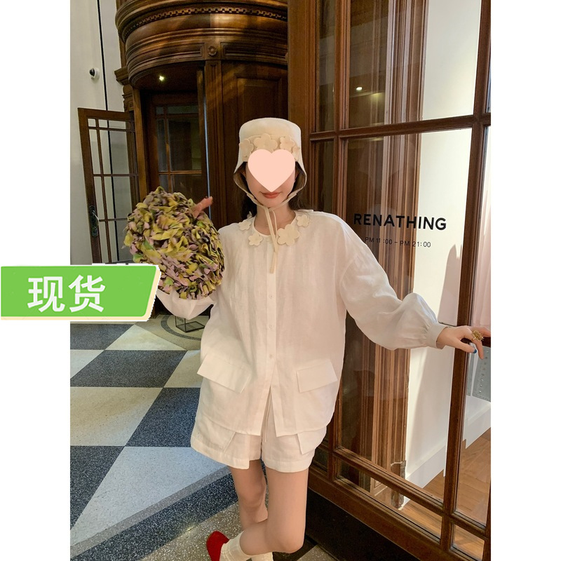 le rouge周美美 颈间花朵100亚麻制花朵装饰圆领防晒衬衫