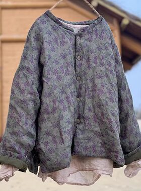 冬季软糯苎麻夹棉轻薄碎花棉服女