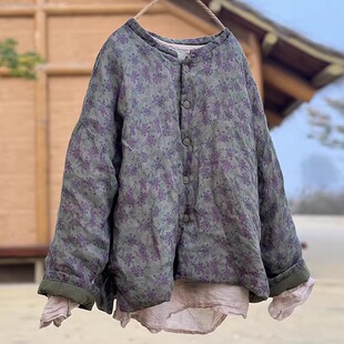 软糯棉袄女冬季苎麻夹棉小袄宽松印花碎花夹棉轻薄棉服女轻柔棉服