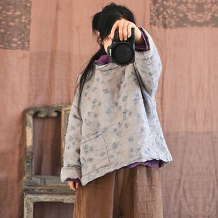 温柔好看轻柔薄棉小袄女冬夹棉外套甜美减龄棉袄棉服棉衣文艺印花