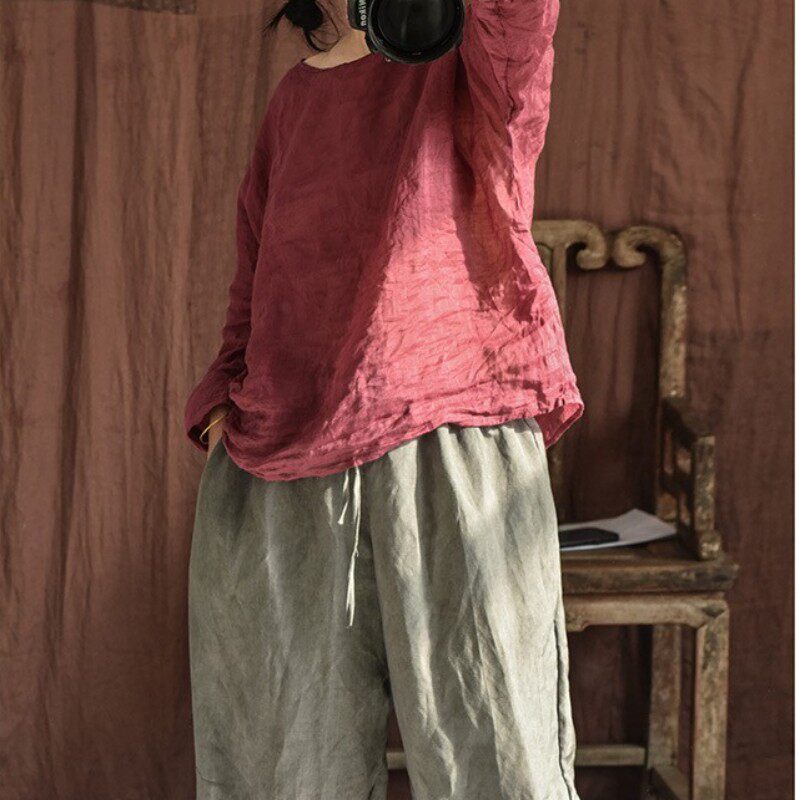 夏薄款圆领T恤长袖高支苎麻上衣女 清凉小衫套头衬衫宽松慵懒文艺