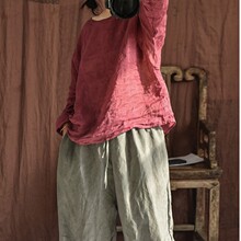 夏薄款圆领T恤长袖高支苎麻上衣女 清凉小衫套头衬衫宽松慵懒文艺