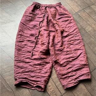 色织亚麻裤子女宽腿裤砂洗宽松文艺阔腿长裤老爹裤萝卜裤抽绳系带