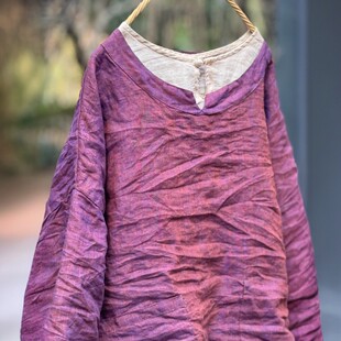 吕家小院棉麻坊文艺休闲大码女装初夏轻薄款长袖小衫色织亚麻上衣