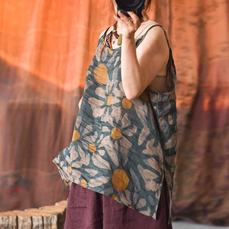 吕家小院夏季印花小吊带轻薄款苎麻打底外穿叠穿背心宽松文艺复古