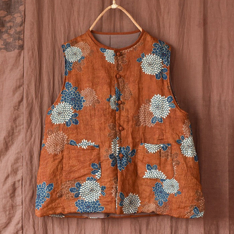 吕家小院棉麻苎麻棉背心女文艺复古碎花小坎肩夹棉马甲冬小袄外套