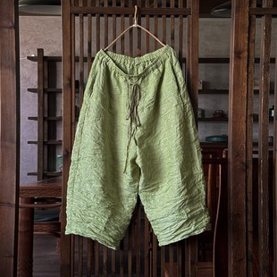 夏季轻薄透气九分裤色织亚麻裤子女松紧系带休闲裤文艺宽松萝卜裤