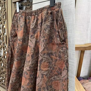 秋夏季直筒裤女高品质亚麻裤子印花宽松阔腿裤暖咖色花布长裤薄款