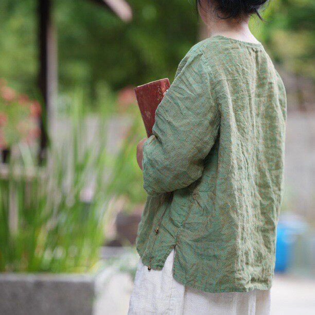 色织亚麻上衣女七分袖宽松圆领口袋绿色文艺范T恤小衫减龄温柔风