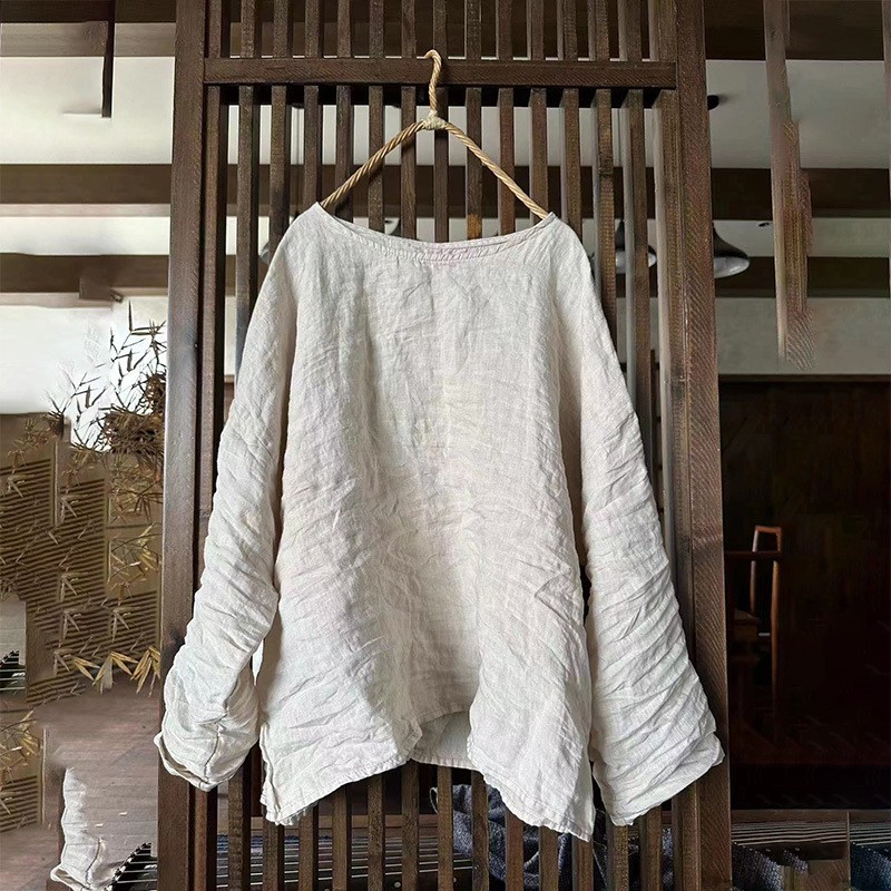 吕家小院 初夏新品亚麻上衣女圆领长袖T恤衬衫叠穿混搭打底衫文艺