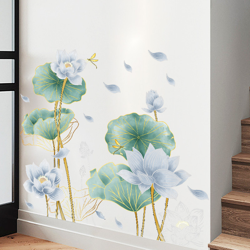蓝色荷花房间墙壁装饰品卧室墙面3D立体墙贴画贴花墙画自粘墙贴纸图片