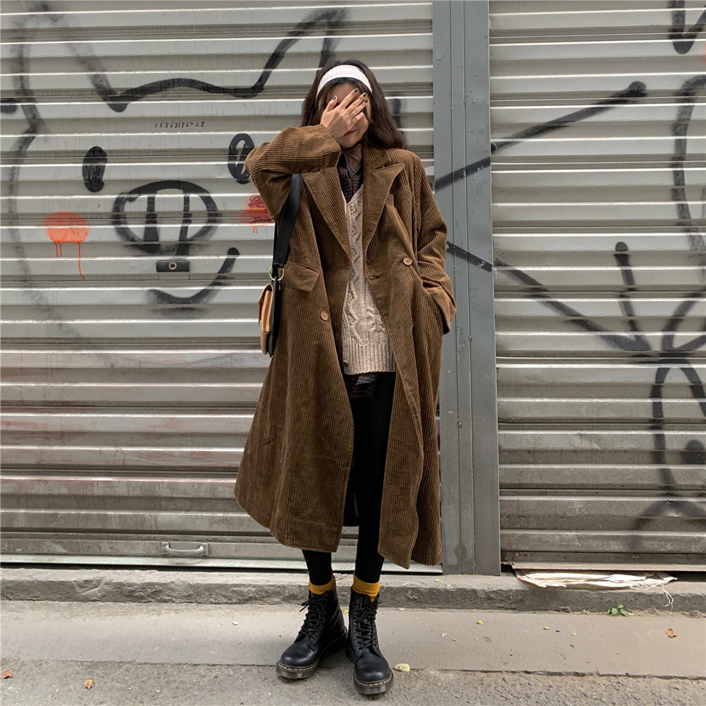 Real photo, real price, autumn and winter, Korean version, retro style, loose, medium length, thickened corduroy trench coat