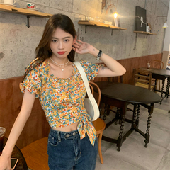 Real shot real price Korean design temperament versatile slim Ruffle short bandage Floral Chiffon shirt