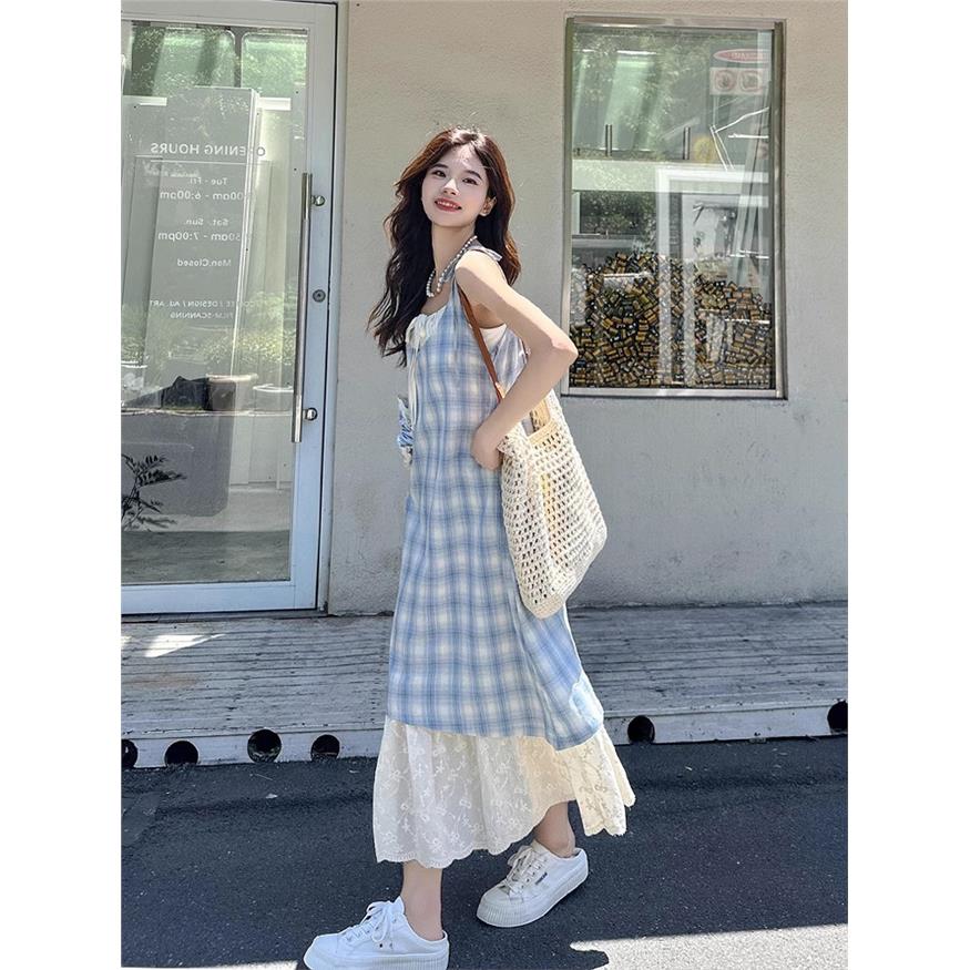 蓝色格子吊带裙连衣裙女2