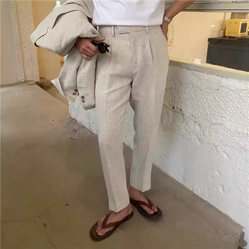 亚麻西裤男英伦棉麻料九分裤男士休闲裤透气西装裤子直筒大码夏季