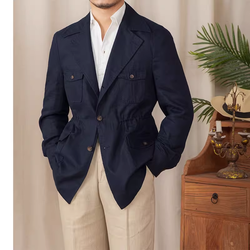 春夏薄款透气亚麻料猎装夹克大码西服外穿游猎外套时尚复古型男潮
