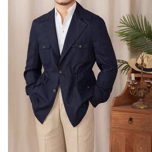 春夏薄款透气亚麻料猎装夹克大码西服外穿游猎外套时尚复古型男潮