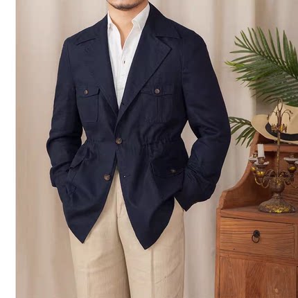 春夏薄款透气亚麻料猎装夹克大码西服外穿游猎外套时尚复古型男潮