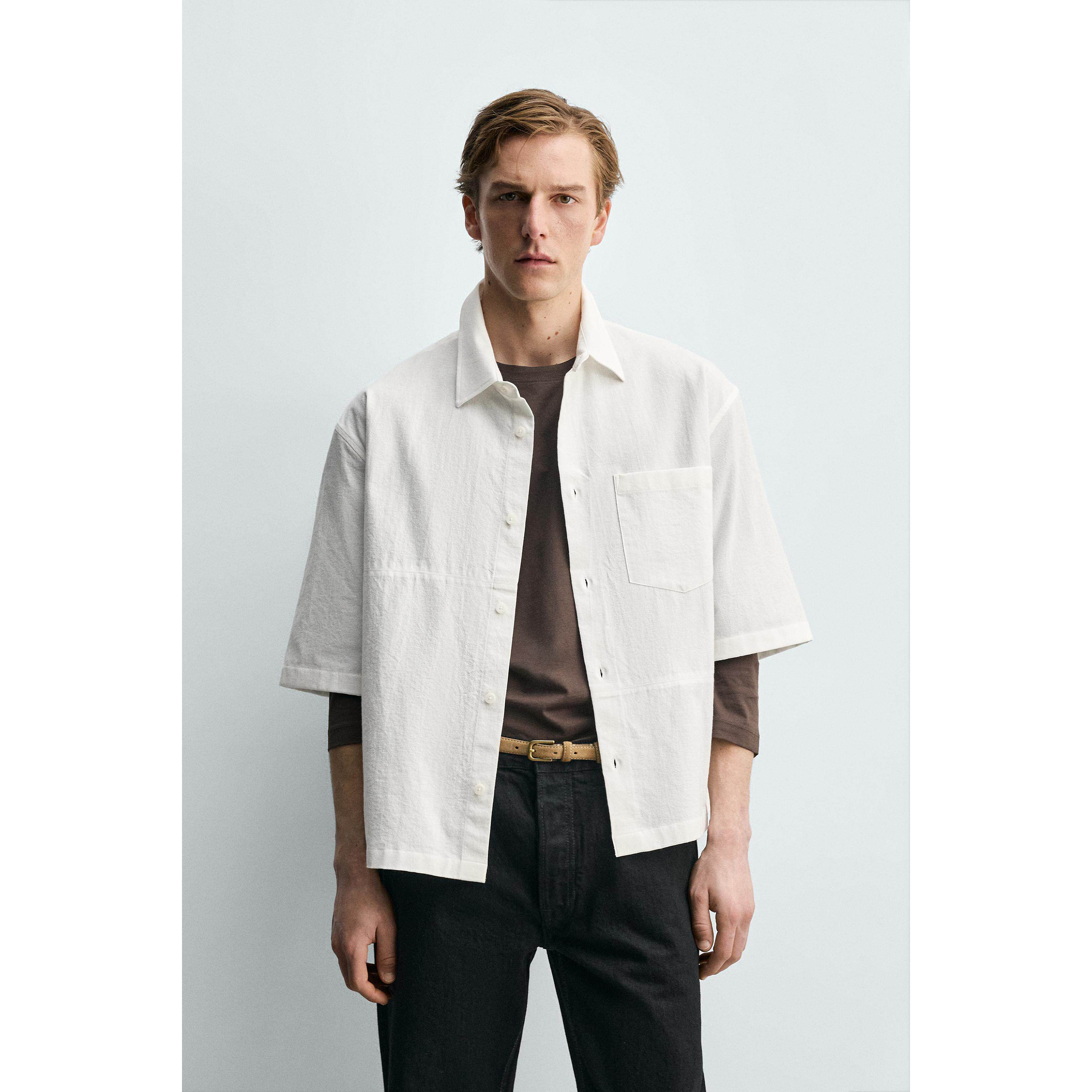 柜399！ZA 春夏新品 男装 白色棉质宽松翻领短袖衬衫 7545738 250