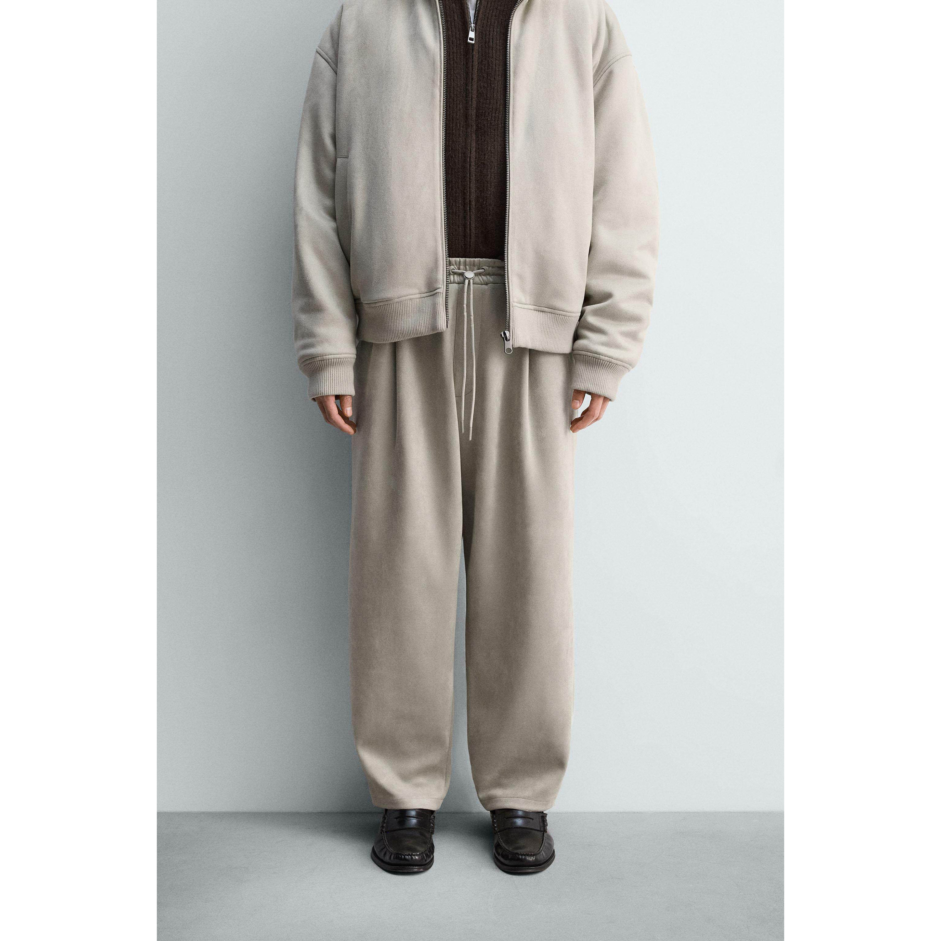 ZA 2025 秋季新品 男装 反绒皮效果宽松阔腿系带褶裤 3046385 811