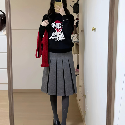 韩系斑点狗提花宽松显瘦针织毛衣
