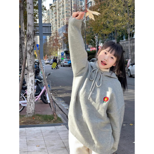设计感小花朵刺绣韩系穿搭宽松学生针织衫 灰色连帽毛衣女秋冬新款