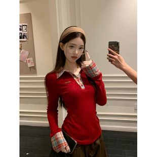 针织衫 新款 格子拼接polo领长袖 女2025秋季 设计辣妹修身 显瘦打底衫