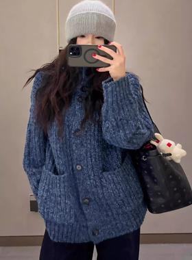 秋冬季新款保暖氛围感宽松慵懒针织衫立领加厚杂色排扣毛衣外套女