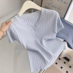 穿搭轻熟小众不撞款 轻薄款 女2025夏季 蓝色正肩冰丝针织衫 上衣 短袖